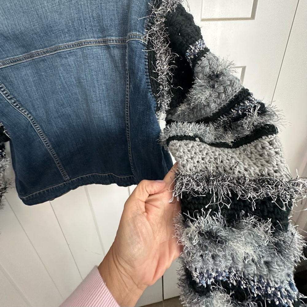 Upcycled Women's Denim Jacket with  Crocheted Textured Sleeves - m/l - Picture 5 of 9